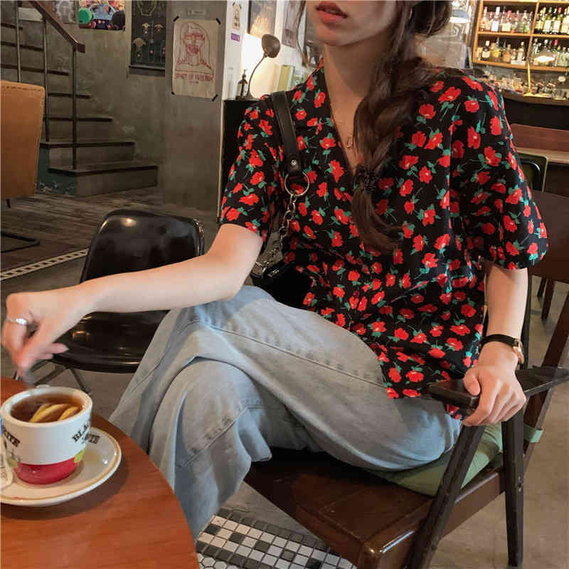 korean style Floral short sleeve blouse women Notched Collar Chiffon blouses loose summer tops (K8130) 210423