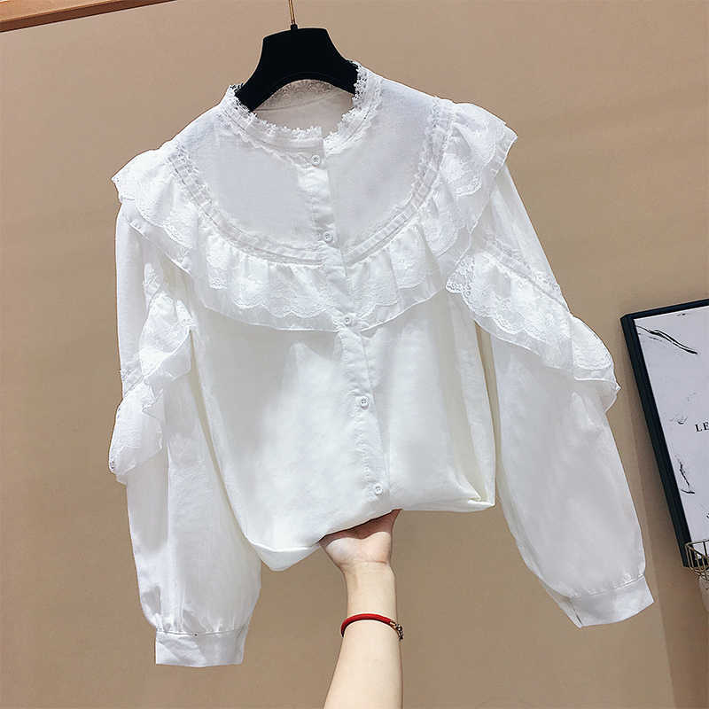 Solid Lace Ruffles Patchwork Stand Flare Sleeve Shirt Top Spring Blouse Women 210615
