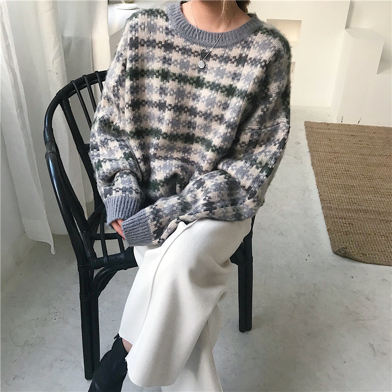 Lazy Style Plaid Women Office Lady Thicken Fashion Geometric Tops Arrival OL All Match Elegant Knitted Sweaters 210421