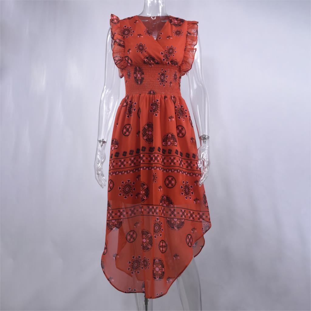 Summer Sexy Sleeveless Red Long Dresses Women Vintage Pattern Behavior Smocked Ruffle Midi Dress Fashion Clothes For Women 210415