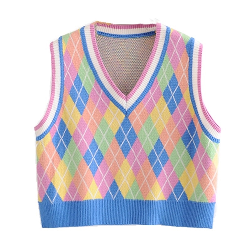 Preppy Style Pink Argyle Plaid Knitted Sweater Vest Women 90s Vintage Korean Clothing V Neck Tank Top Y2K Knitwear Sleeveless 210429
