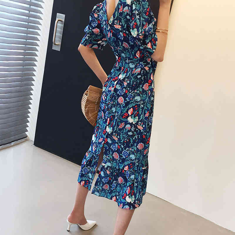Print Floral Women mermaid Dress puff Sleeve Spring Summer long Dresses sexy backless elegant korean Vestidos 26138 210519