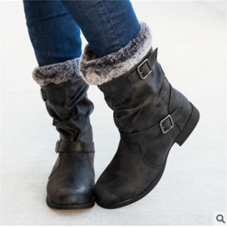 Boots Fashion Women's Snow 2021 Autumn And Winter Low-heeled Round Toe Belt Buckle Mid-tube