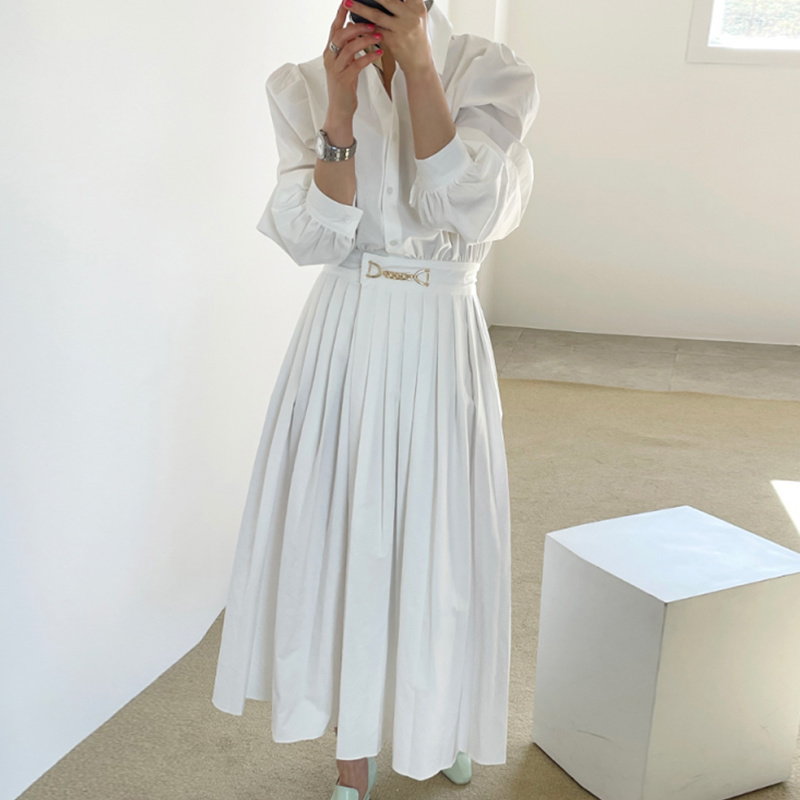 Elegant Solid Pleated Women Dresses Vintage Chic Slim Waist Turn Down Collar Femme Robe Puff Sleeve Vestidos 28177 210519