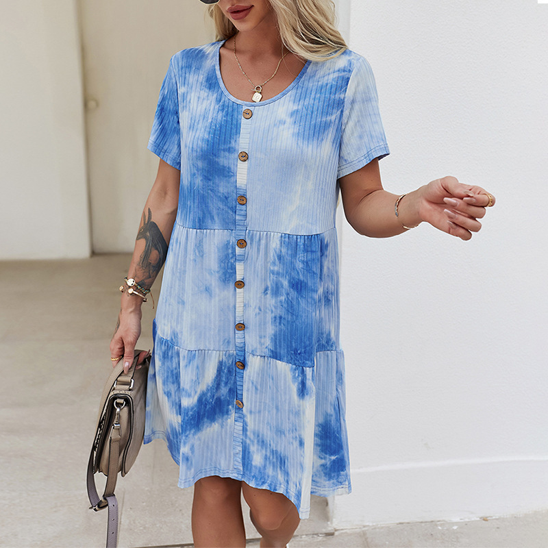 women tie dye summer dress Casual O-neck short sleeve single buttons loose pleated mini female es 210524, Blue
women tie dye summer dress Casual O-neck short sleeve single buttons loose pleated mini female es 210524, Blue