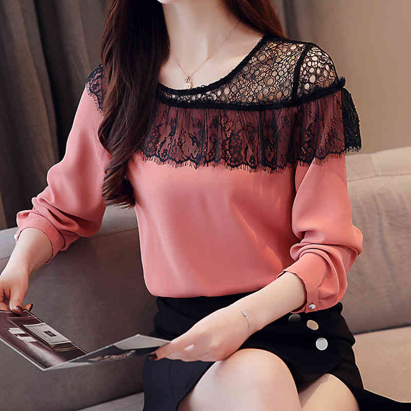 Fashion Chiffon Blouse Women Solid Long Sleeve Lace Shirt for O Neck Pullover Ladies Camisas Mujer 8652 50 210508