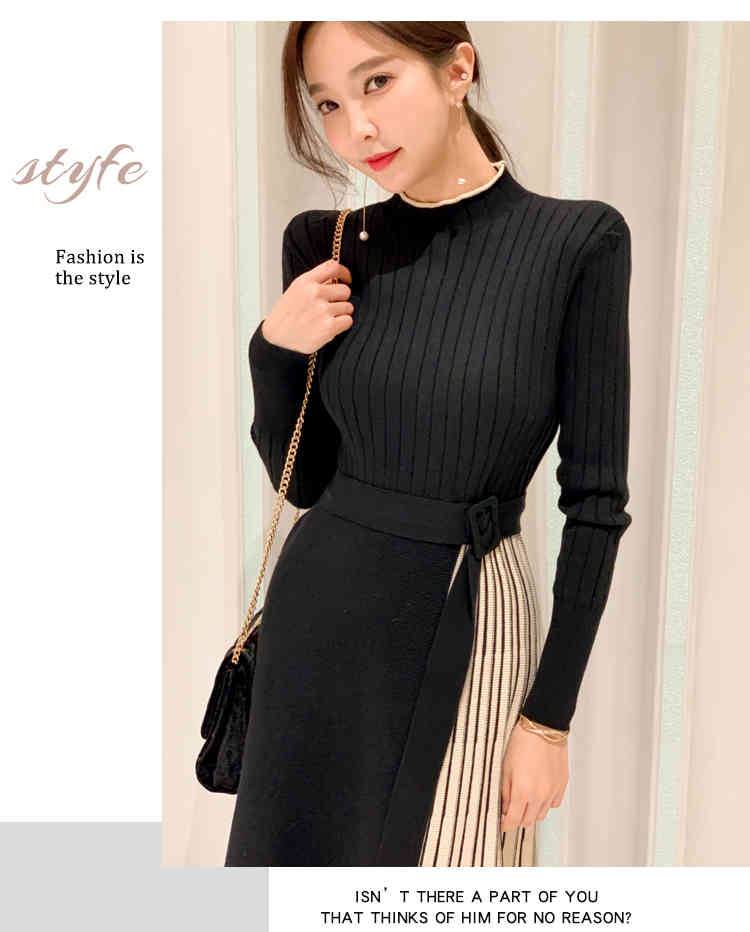 Fashion Knitted Sweater Dress Women Long Sleeves Waistband Middle Pleated Ladies Office A-Line Vestido Da Festa 210520