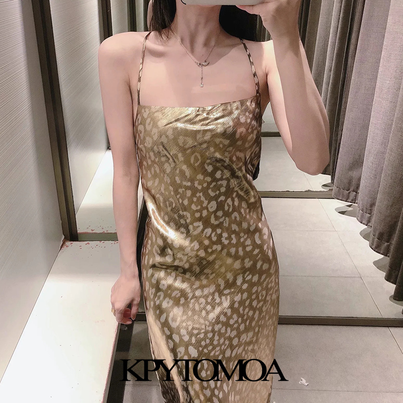Women Chic Fashion Leopard Print Soft Touch Midi Camisole Dress Backless Thin Straps Female Dresses Mujer 210420