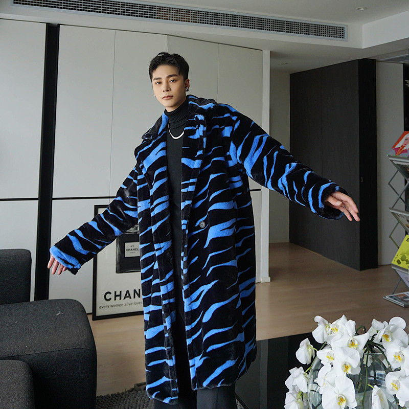 IEFB Autumn and winter comfortable fur fabric long coat men's mid length blue Zebra pattern warm single button clothes 9Y4694 210524