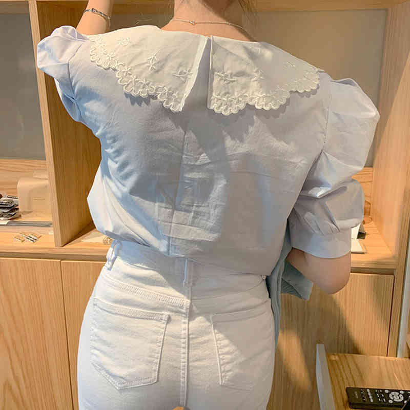 Single Breasted Short Sleeve Summer Blouse Sweet Peter Pan Collar Shirts Women Fashion Loose Blue Shirt Female Clothing 13846 210508