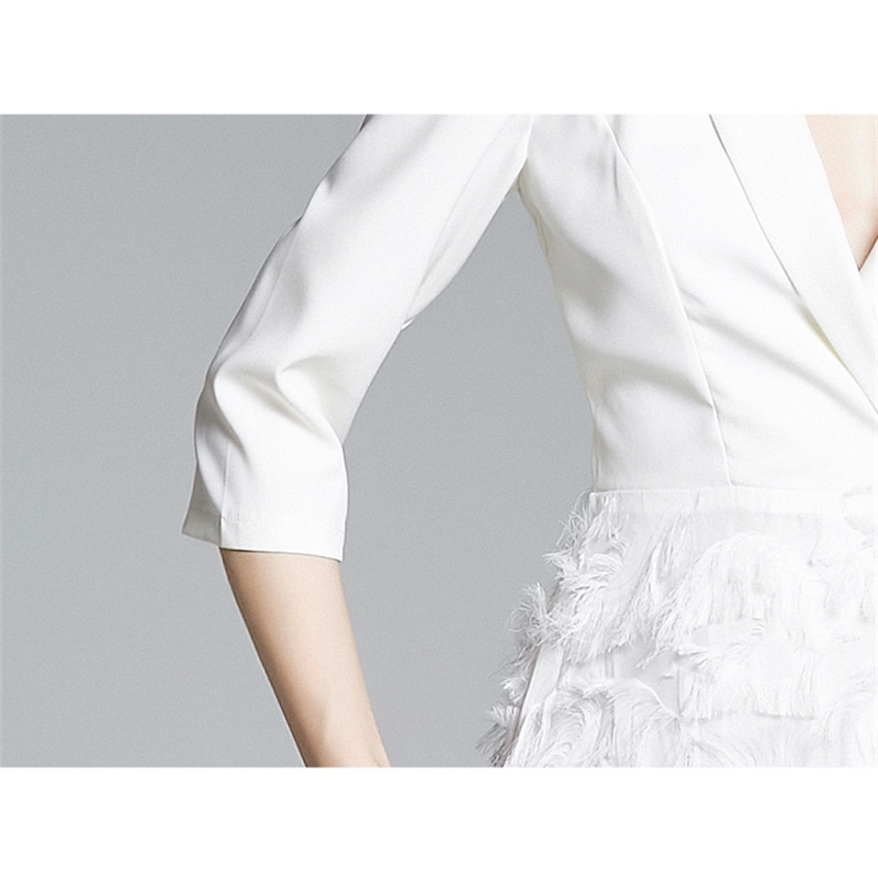 Spring Women's Half Sleeve Notched Vintage Tassels Patchwork Blazer Dress Female Big Swing White Long Vestidos 210520