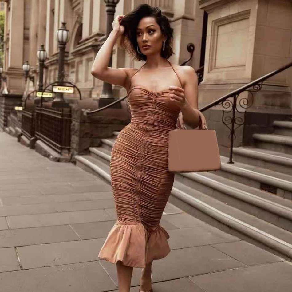 Summer Women Khaki Sleeveless Mermaid Dress Sexy Halter Ruffles Club Celebrity Runway Evening Party Vestido 210423