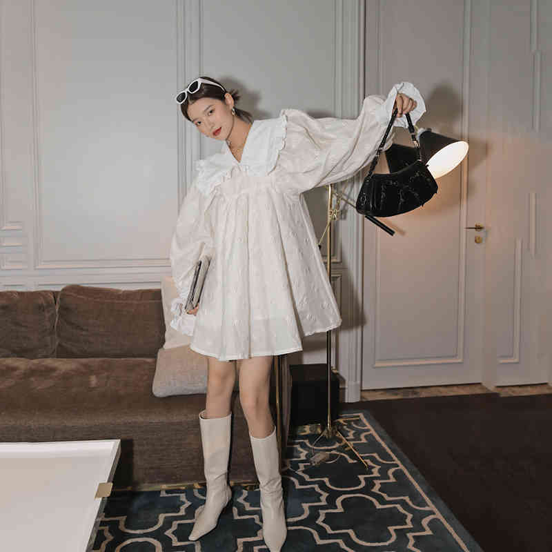 LANMREM autumn Peter pan collar a-line above-knee length street wear lovely Princess style long sleeve white dress 2A534 210409