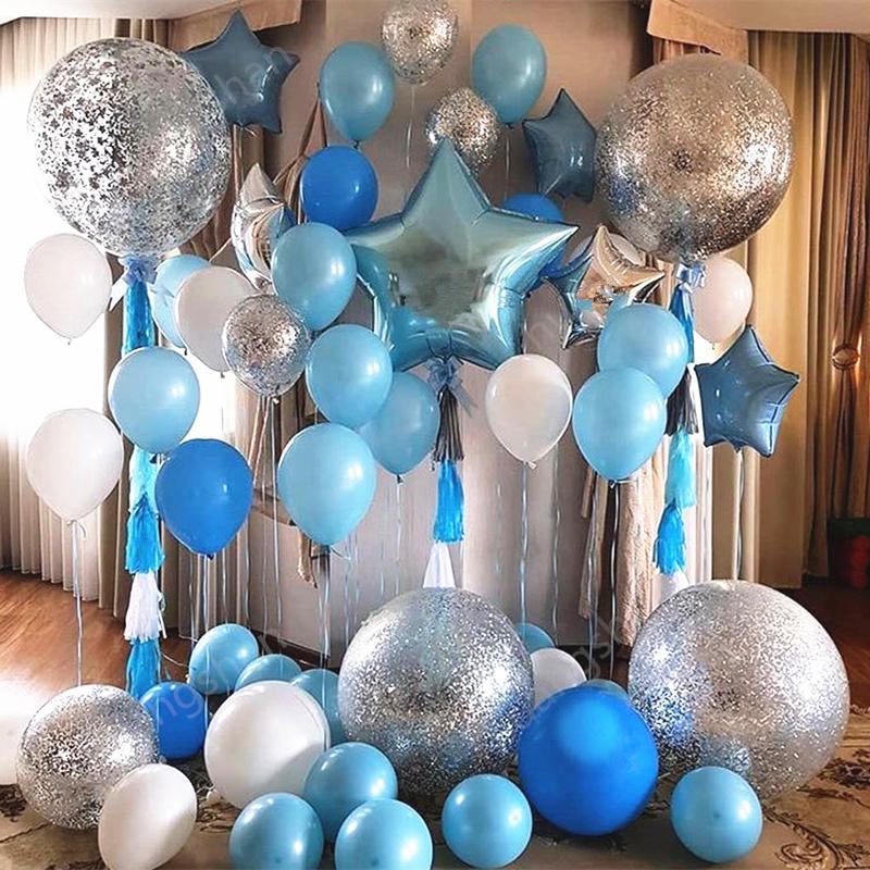 36inch Silver Confetti Balloon Blue White Latex Romantic Theme Wedding Birthday Party Decoration Boy Baby Shower