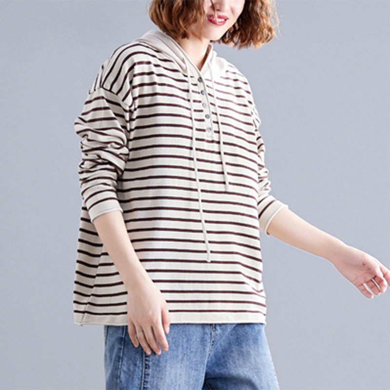Spring Autumn Arts Style Women Long Sleeve Loose Hooded Pullovers All-matched Casual Striped Knitted Hoodies Big Size M649 210512