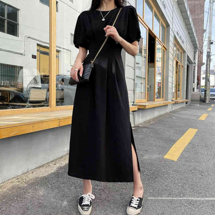 Fashion Summer Casual Sports Sweashirt Dress Women Chic Ruched Puff Sleeve High Waist Solid Sexy Split Long Dresses 210519