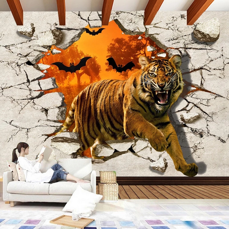 Large Custom Mural Wallpaper Painting Tiger Broken Wall 3D Creative Living Room TV Backdrop Photo Wall