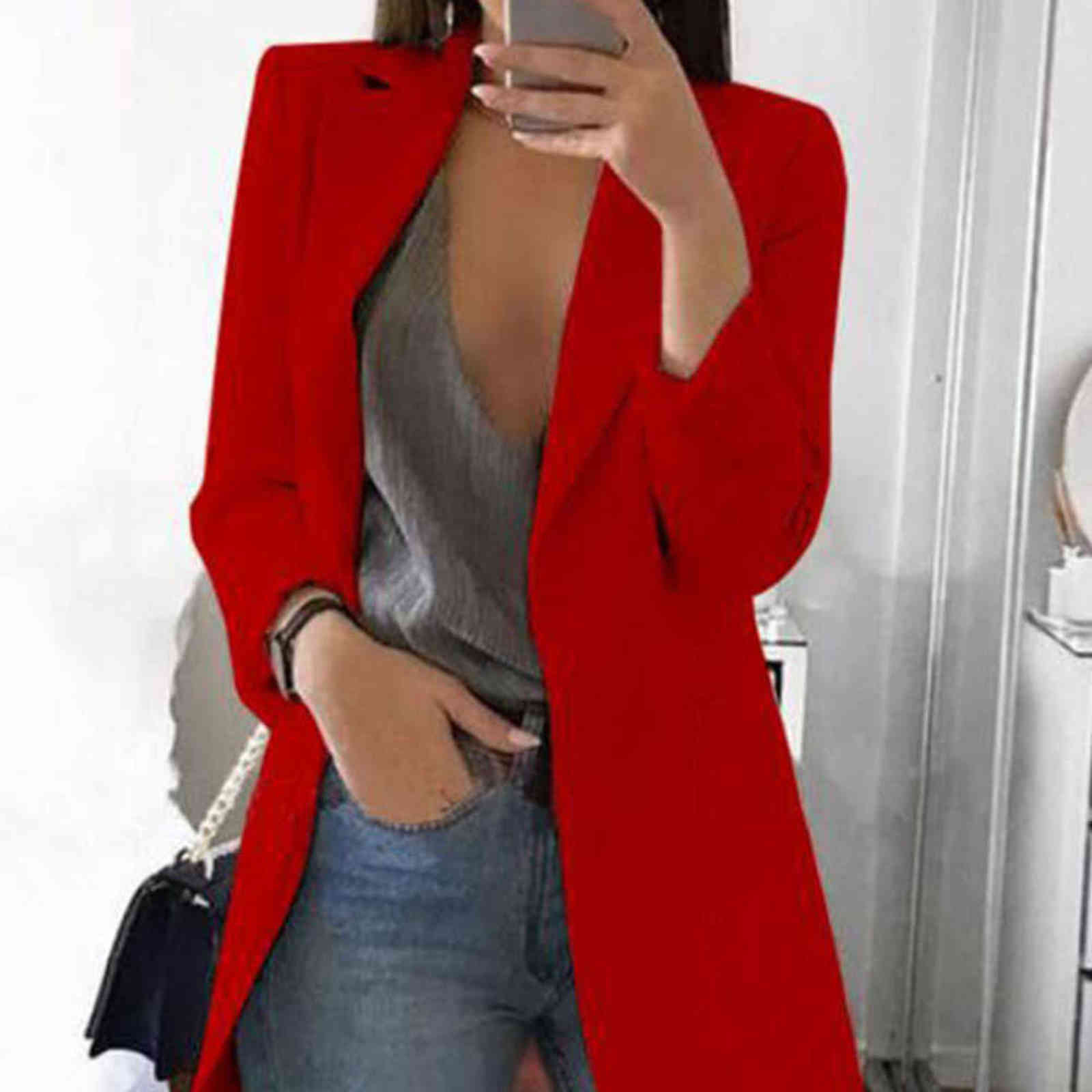 Gentillove Women Autumn Solid Color Blazer Female Work Office Pocket Tweed Oversized Casual Slim Coat Fashion 211122