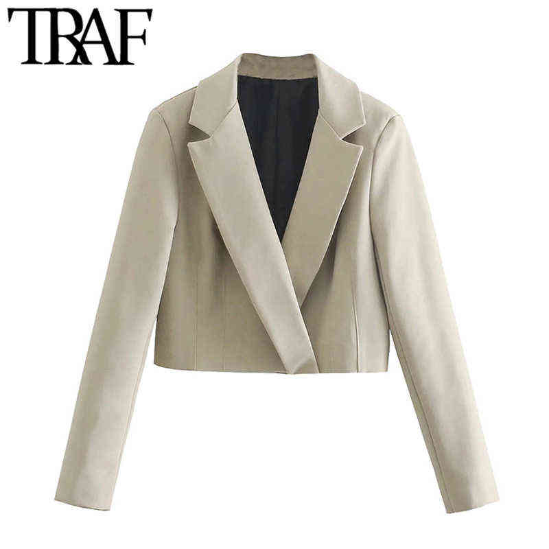 TRAF Women Fashion Hidden Breasted Cropped Blazer Coat Vintage Long Sleeve Female Outerwear Chic Veste Femme 211122