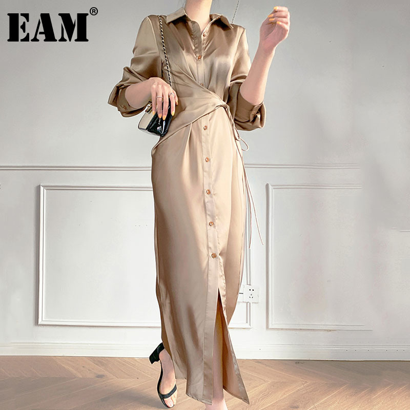 [EAM] Women Champagne Silky Sashes Elegant Slim Dress Lapel Long Sleeve Loose Fit Fashion Spring Autumn 1DD7317 21512