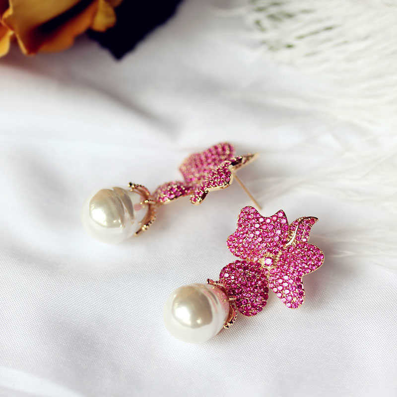 Fashion Rose red Big Flower Full stone Setting Irregular Pearl Drop Earring Party Jewelry Gift Wedding bride Accessories 210624