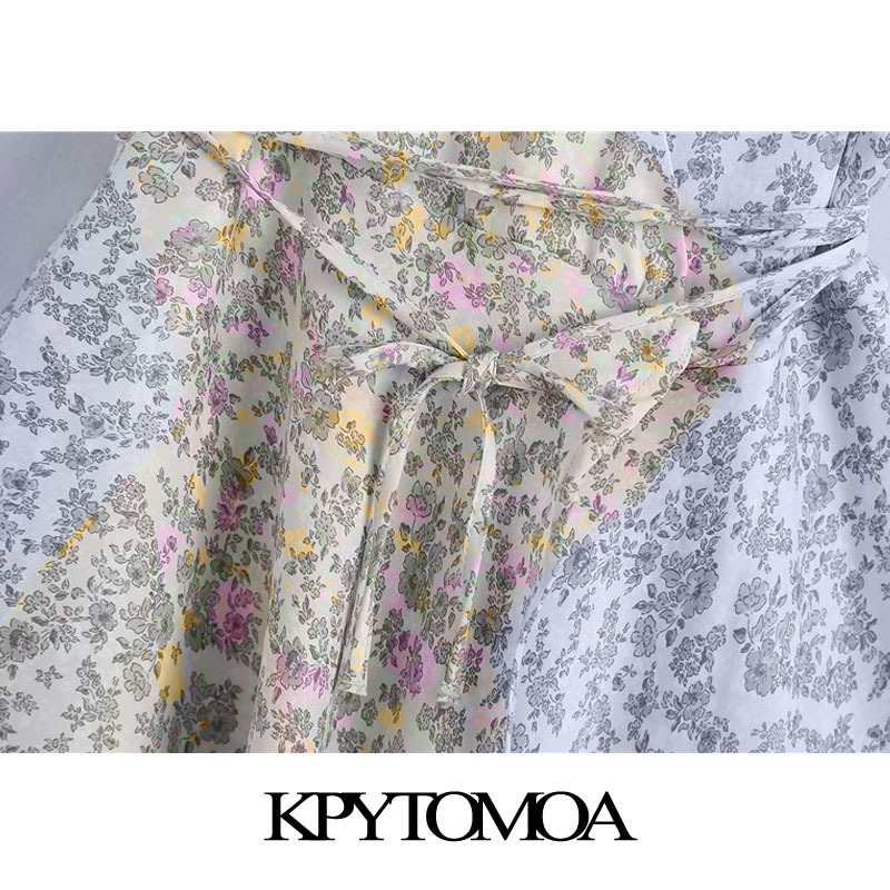 Women Chic Fashion With Belt Floral Print Wrap Mini Dress V Neck Puff Sleeve Female Dresses Vestidos Mujer 210420