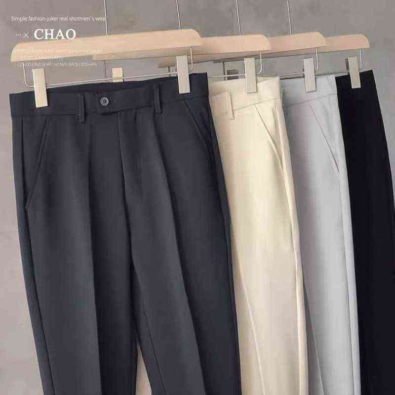 Men Cropped Straight Trousers Loose The Trend Fashion Male British No Ironing Pure Color Casual Suit Pants 211112