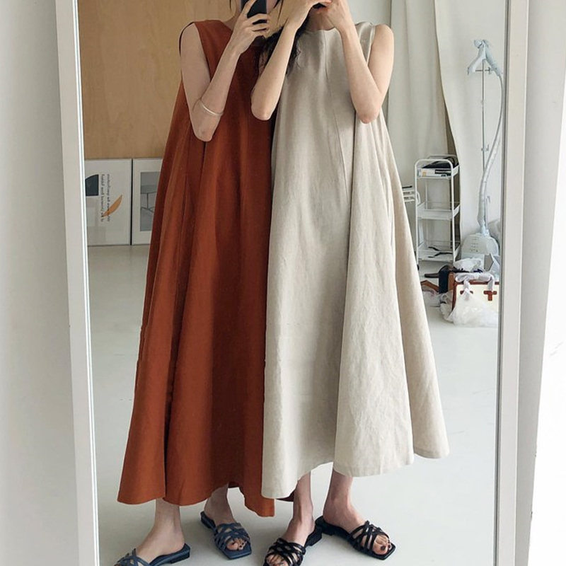 Summer Women's Korean Style Solid Sleeveless Maxi Dress O Neck Loose Casual A-Line Minimalist Office Long Dresses Lady D13701X 210416
