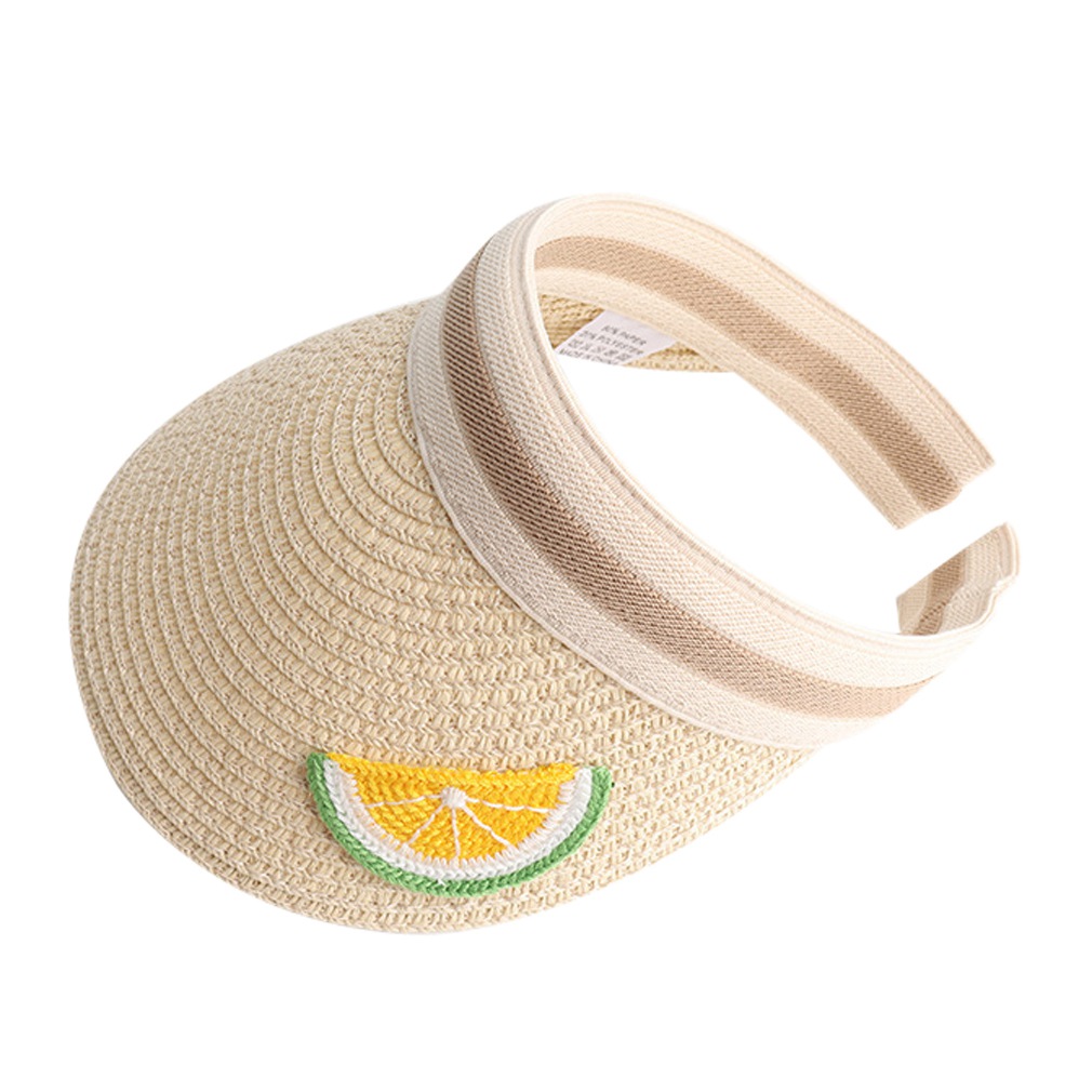 Women Girls Straw Visor Cap Outdoor Summer Beach Party Sun Hat UV Protection Fruit Flower Wide Brim