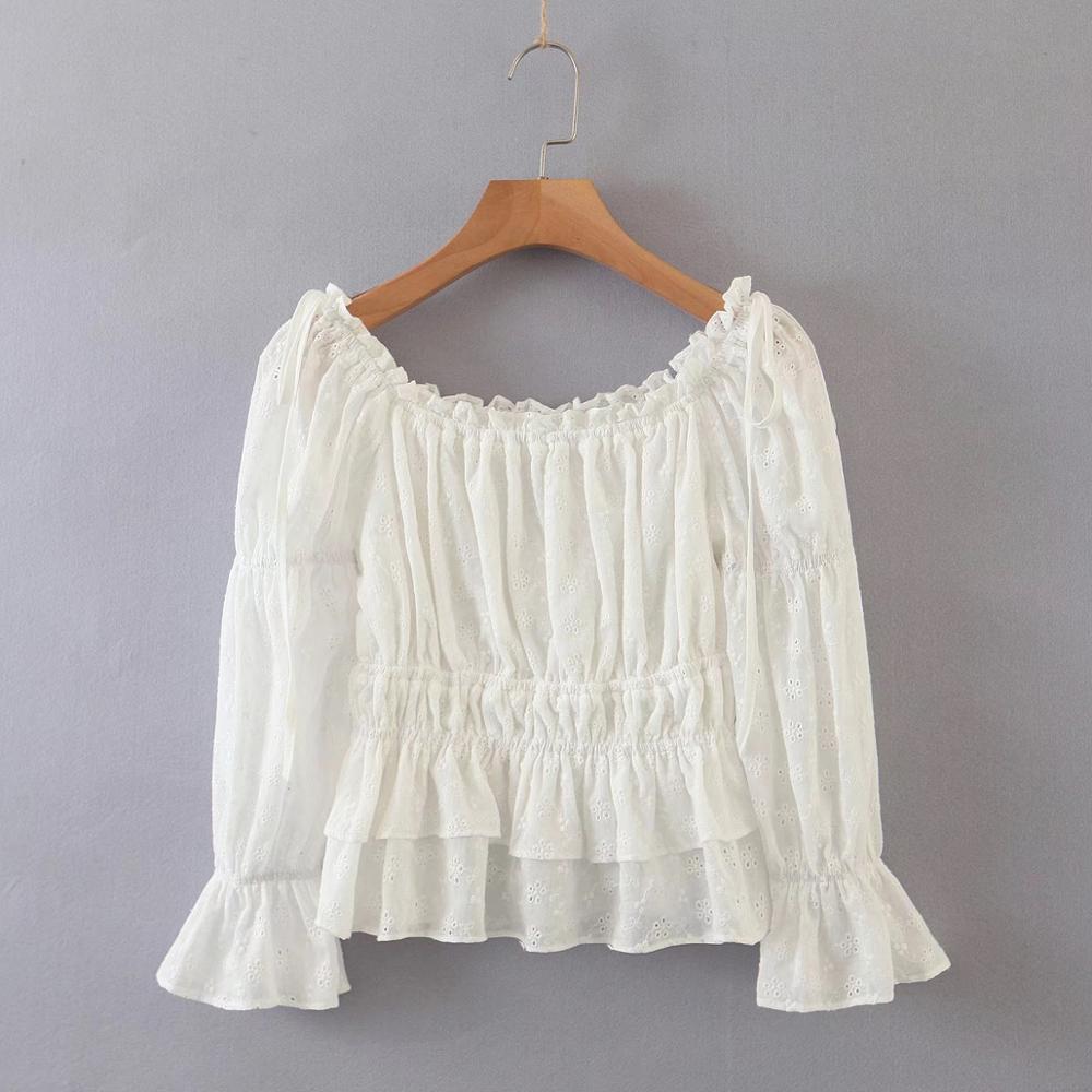 Women White Embroidery Hollow out Hole Wood ears Off Shoulder Leg Sleeve Shirt Retro Elastic Ruched Short Blouse Sweet Tops 210429