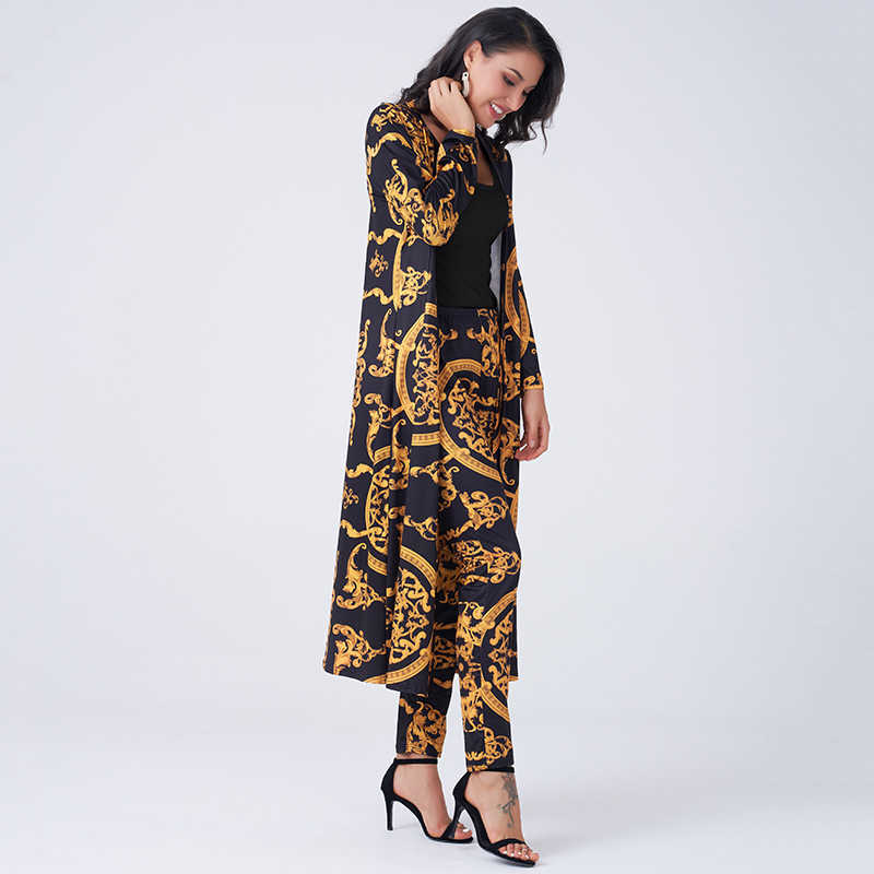 Summer Women 2 Pieces Set Vintage Palazoo Print High Waist Elastic Pants Long Sleeve Open Front Coat Homewear Business Suit 210810