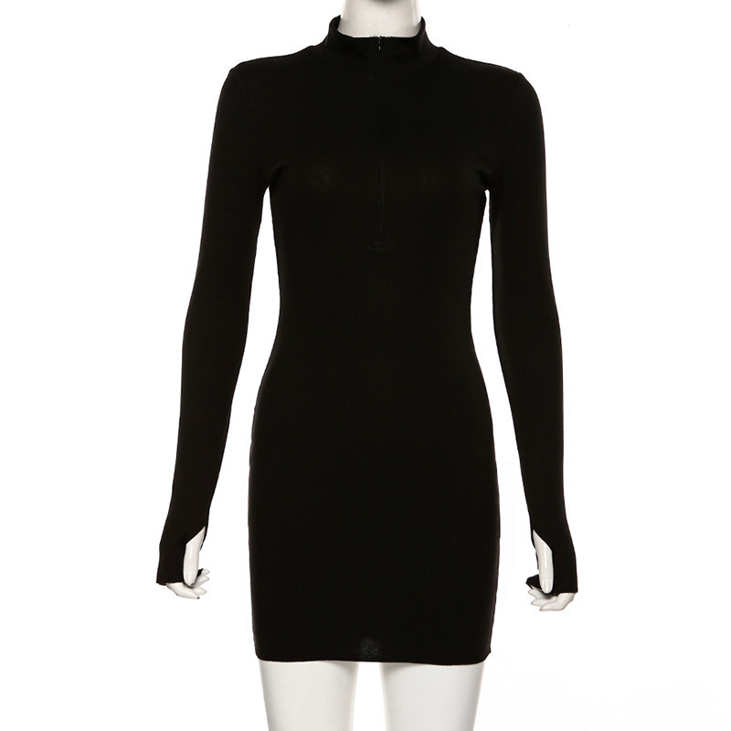 Asia Zipper Sexy Mini Dres Long Sleeved Solid Party Dress Club Turtleneck Summer Dresses Slim Casual Vestidos 210413