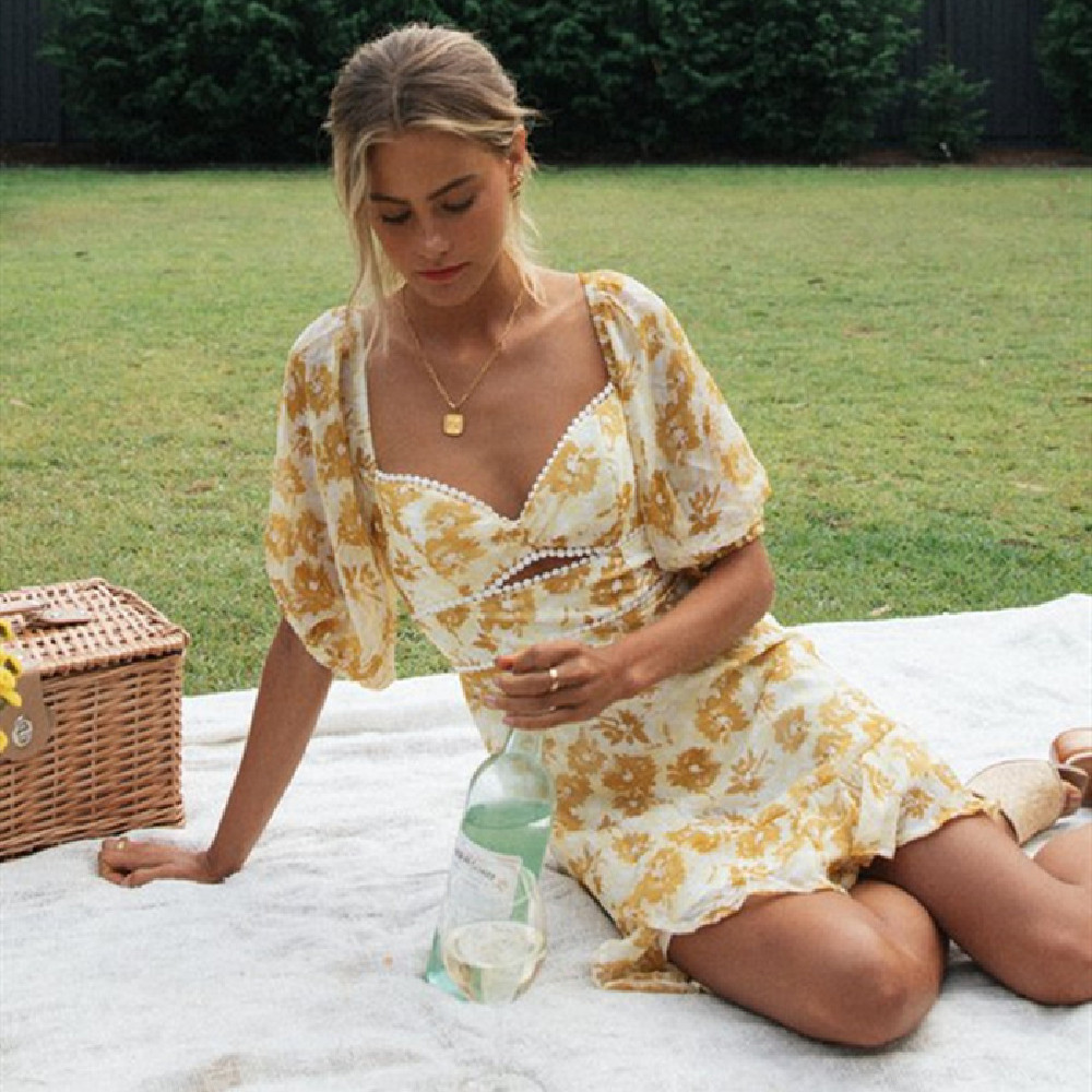 Floral Dress Bikini Cover-ups Sexy Hollow Out Babydoll Summer Beach Tunic Women Wear Swim Suit Cover Up A842 210420