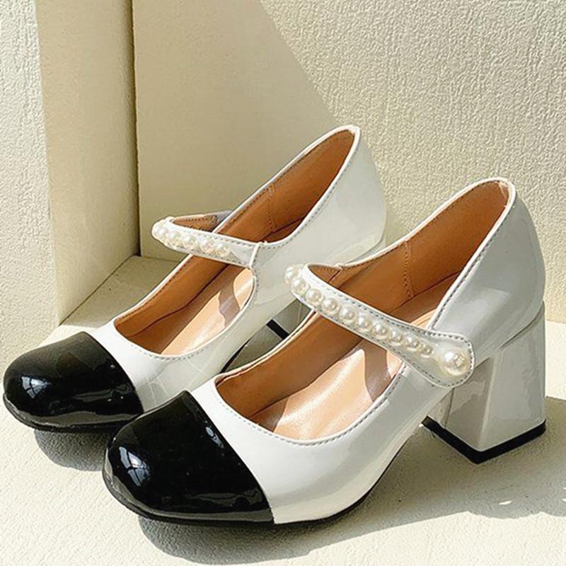 Fashion Femmes Chaussures Square Toe Mary Janes Heel Noir Blanc Robe Pearl Buckle Pumps High Talons P46