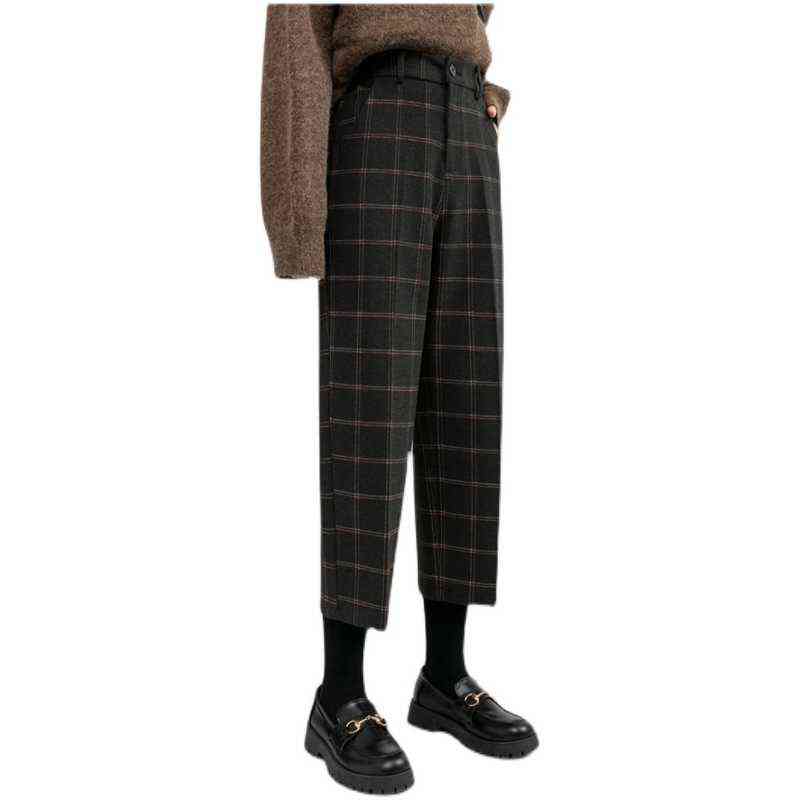 REALEFT Winter Vintage Plaid Woolen Pants Fashion High Waist Pockets Thicken Warm Ankle Length Casual Trousers Female 211124