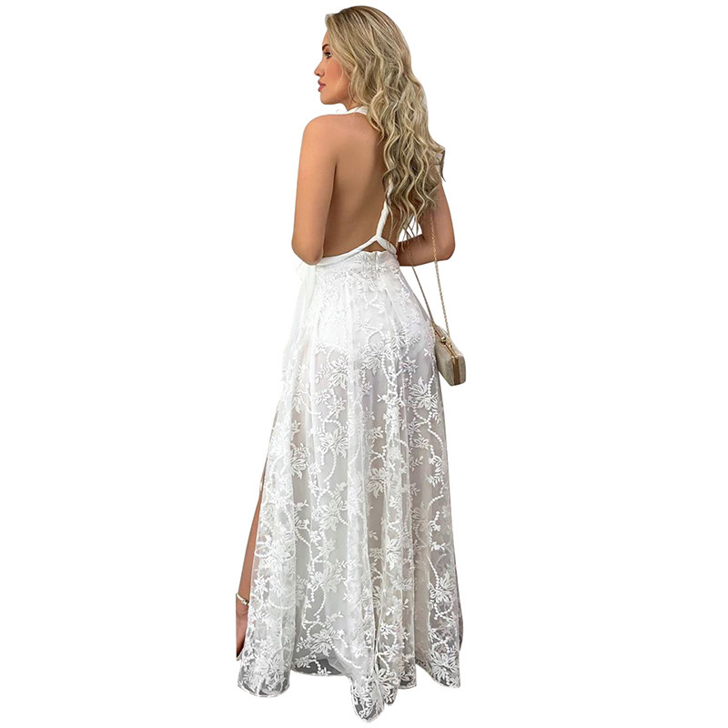 Women Dress Temperament White Lace es Deep V Neck Backless Split Sexy Long Summer Maxi es Fashion 210513