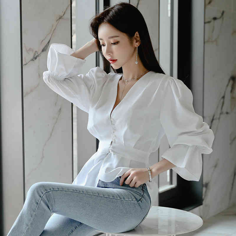 Long sleeve Autumn Clothes Women's shirt Sleeve irregular Blouse Shirts Cotton V Neck White Bow Women Tops 94H 210420