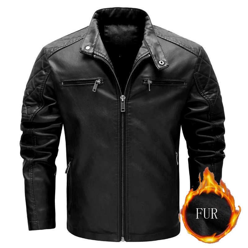 Autumn/Winter Fleece Motorcycle Leather Jacket Full Zip Faux-Leather Men's Coat Brown Vintage Plus Size Slim Mens Wear Jacket 211018