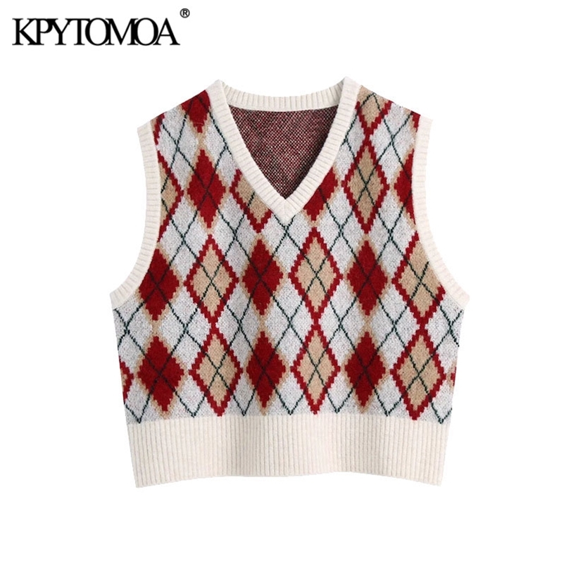 Women Fashion Loose Cropped Argyle Knitted Vest Sweater V Neck Sleeveless Female Waistcoat Chic Tops 210420