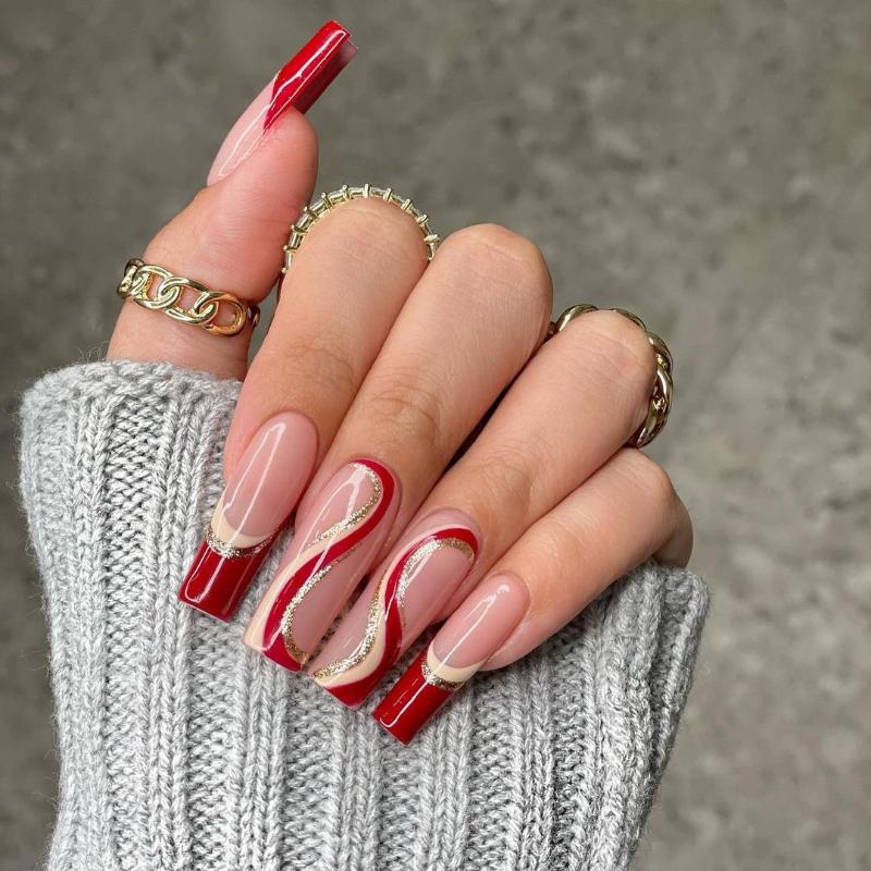 False Nails 2021 24PCS Red White Wave Fake Long Pointed Head Sweet Style Wearable Finished Nail Piece With Glue, Red;gold
False Nails 2021 24PCS Red White Wave Fake Long Pointed Head Sweet Style Wearable Finished Nail Piece With Glue, Red;gold