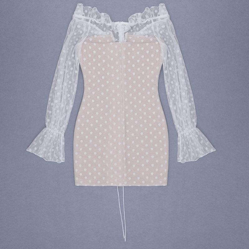 Hight Quality Elegant Women Off Shoulder Full Sleeves Mini Bodycon Bandage Dress Sexy Night Party White Dot Woman Casual Dresses