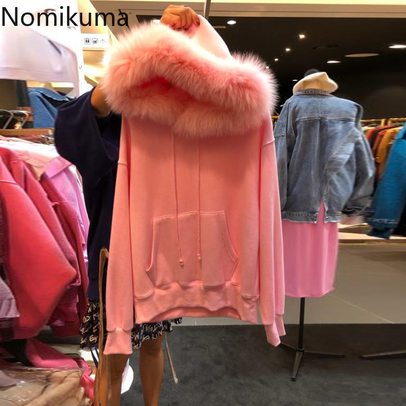 Nomikuma Autumn Winter Fleece Women Hoodies Causal Fur Hooded Pullover Sweatshirt New Korean Pocket Top Jumpers 6D491 210427
