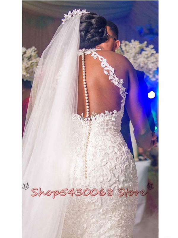 Sexy Wedding Gowns Arabic Aso Ebi Vintage Lace Beaded Sheer Neck Mermaid Bridal Dresses