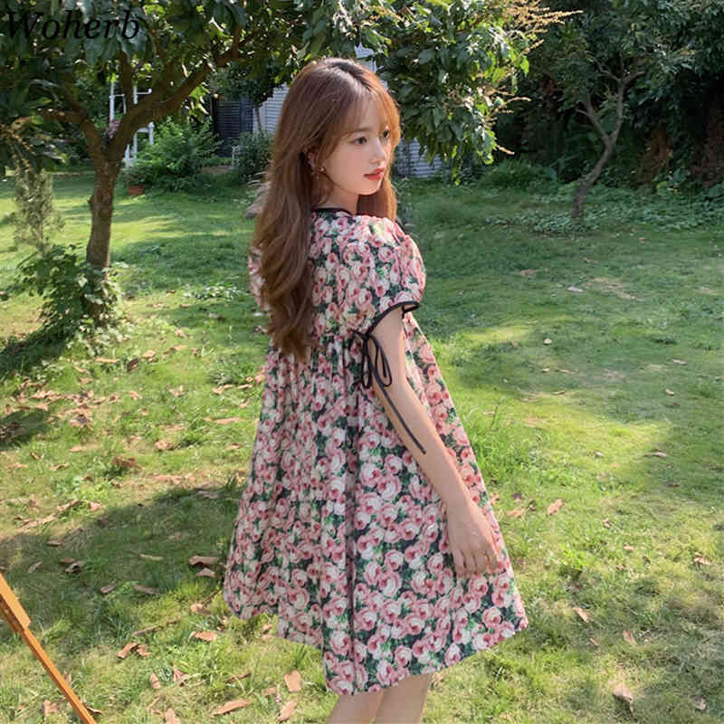 Vintage Elegant Floral Printed Dress Women Summer Short Puff Sleeve Kawaii Loose Dresses Fashion Korean Vestidos Femme 210519