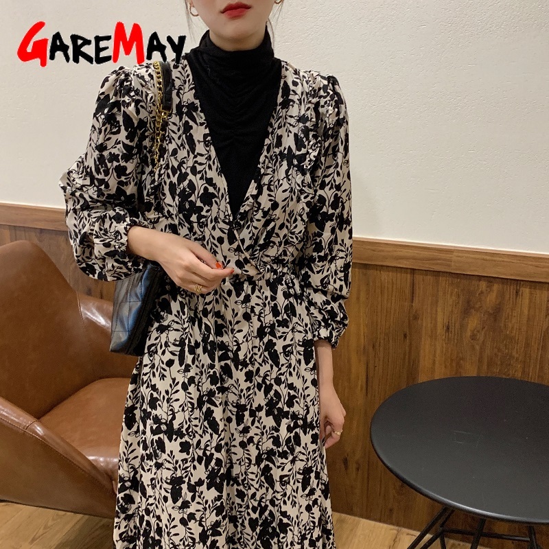 Elegant Dresses for Women Casual Korean Vintage Spring Long Sleeve V Neck Balck Midi Black Dress 210428