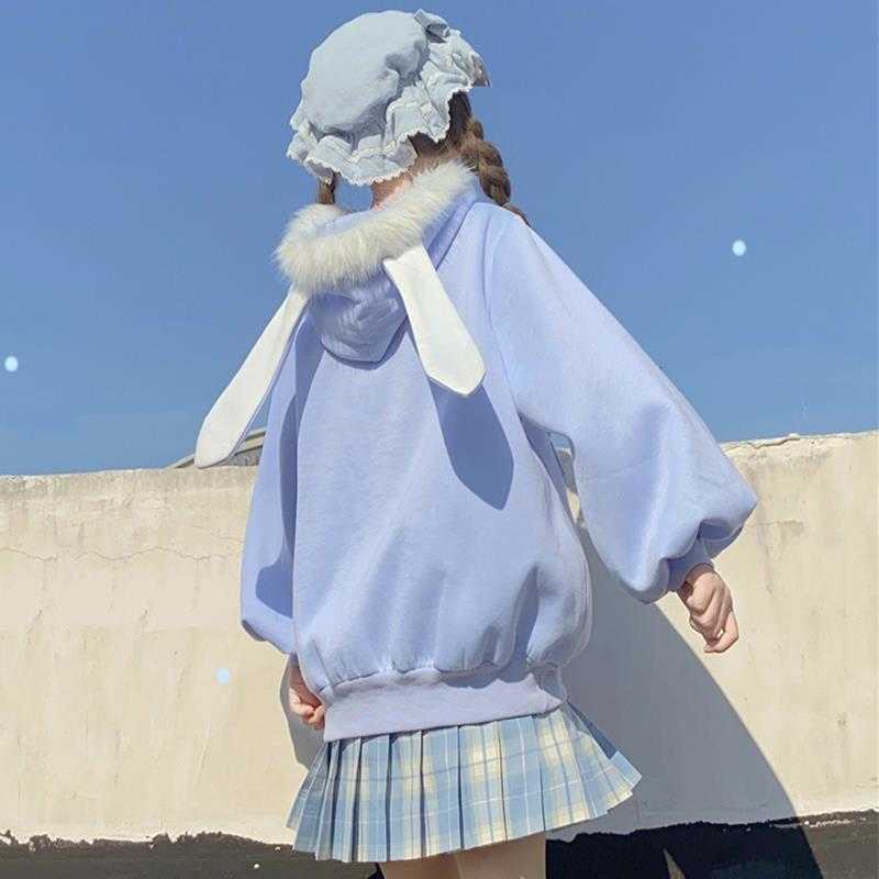 QWEEK Bunny Ears Hoodies Women Fall Bunny Jacket Japanese Sweets Kawaii Rabbit Ears Pink Hoodie For Girls Egirl Harajuku Egirls 211008