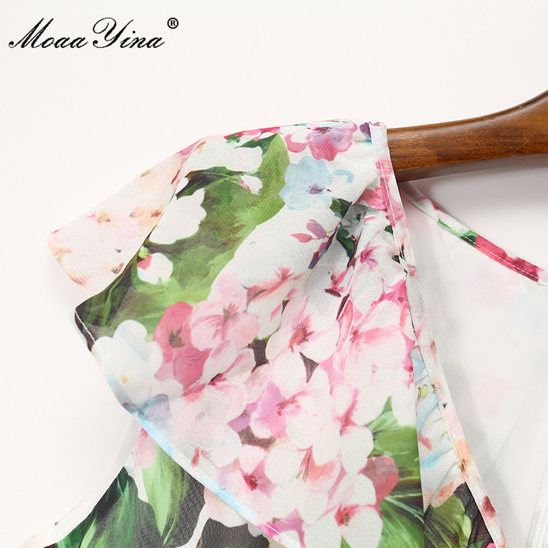 Summer Runway Vacation Dress Women's V-neck Sleeveless Ruffle Fashion Floral print Splicing Chiffon Party Midi 210524