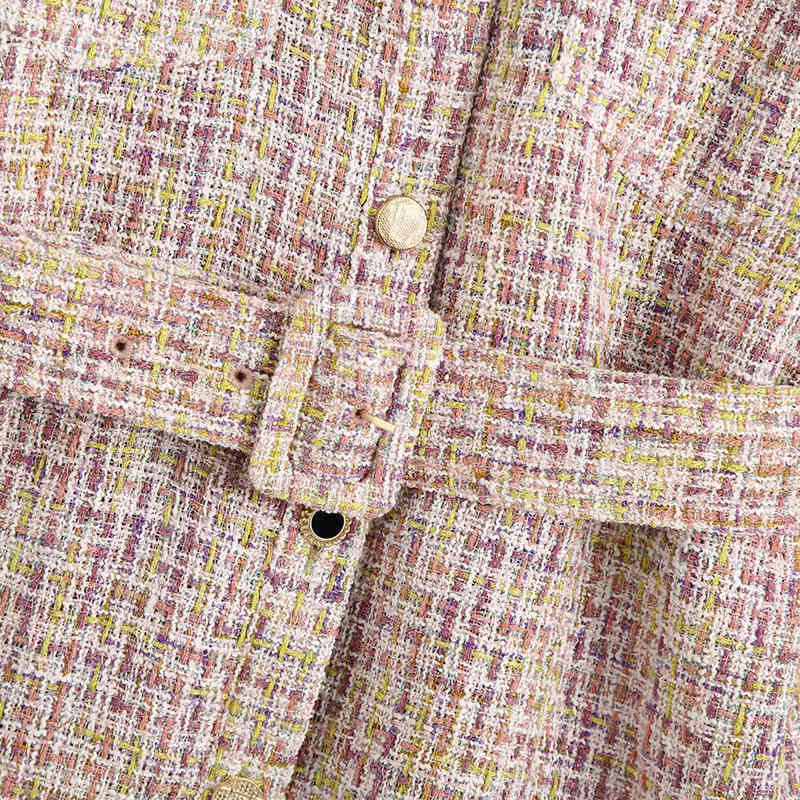 Small Fragrance Color Plaid Lapel Single Breasted Long Sleeve Chic with Belt Female Jacket Korean Autumn Fashion Women's Coat 210507