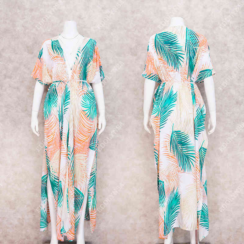 Bohemian Women Summer Beach Dress Swim Wear Cover Up Cotton Tunic Sexy Deep V-Neck Robe Caftan Bikini Cover-ups pareo Q919 210420