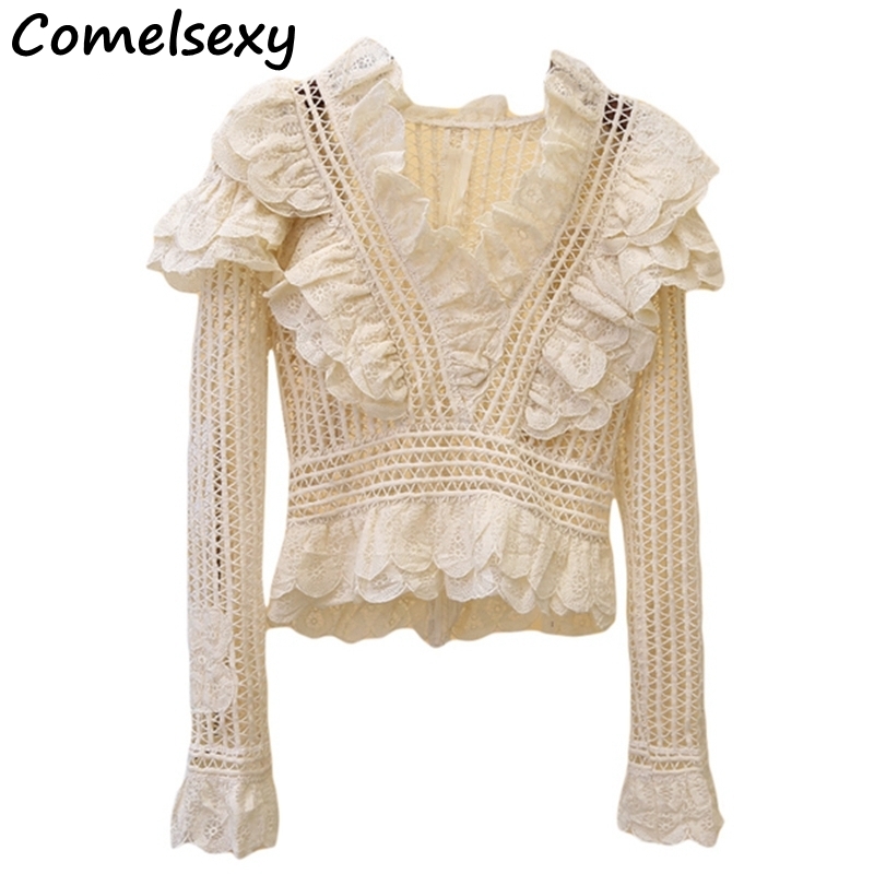 Comelsexy Runway Deep V Neck Long Sleeve Ruffles Trimmings Cropped Lace Tops Shirt Women Blouses Korean Fashion Clothing 210515